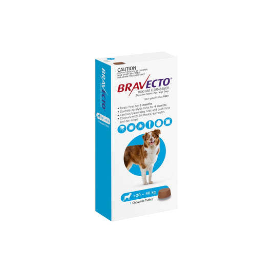 Bravecto Chewables for Large Dogs 44-88 lbs 20-40 kg Blue – front of pack – front of pack