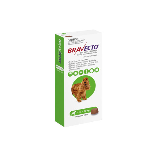 Bravecto Chewables for Medium Dogs 22-44 lbs 10-20 kg Green – front of pack – front of pack