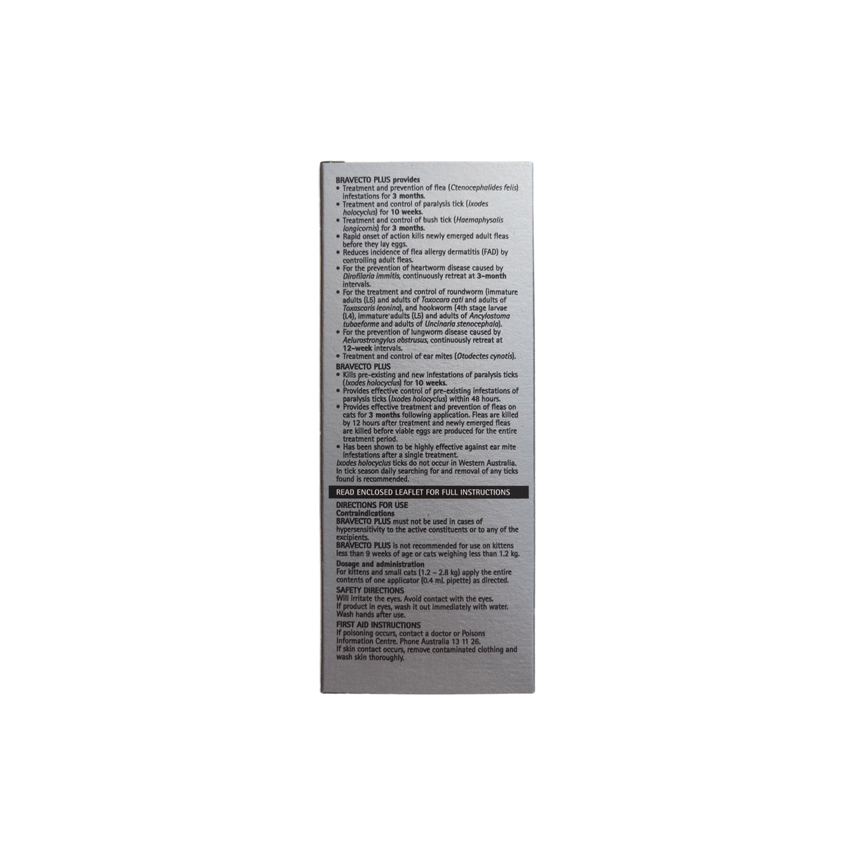 Bravecto Plus Spot On Cat 2.6-6.1lbs Green – back of pack