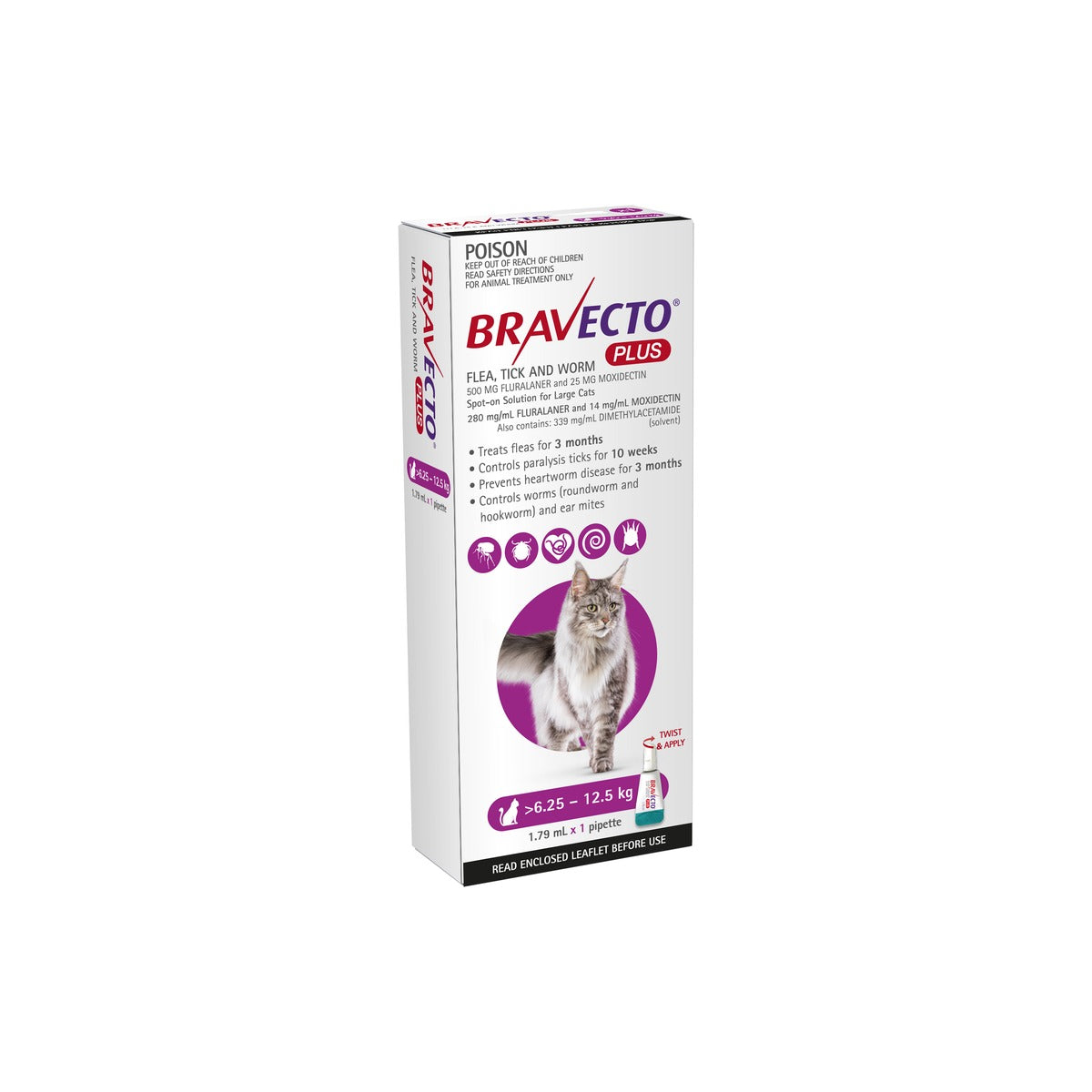 Bravecto Plus Spot On Cat Large 13.7-27.5lbs Purple – front of pack – front of pack