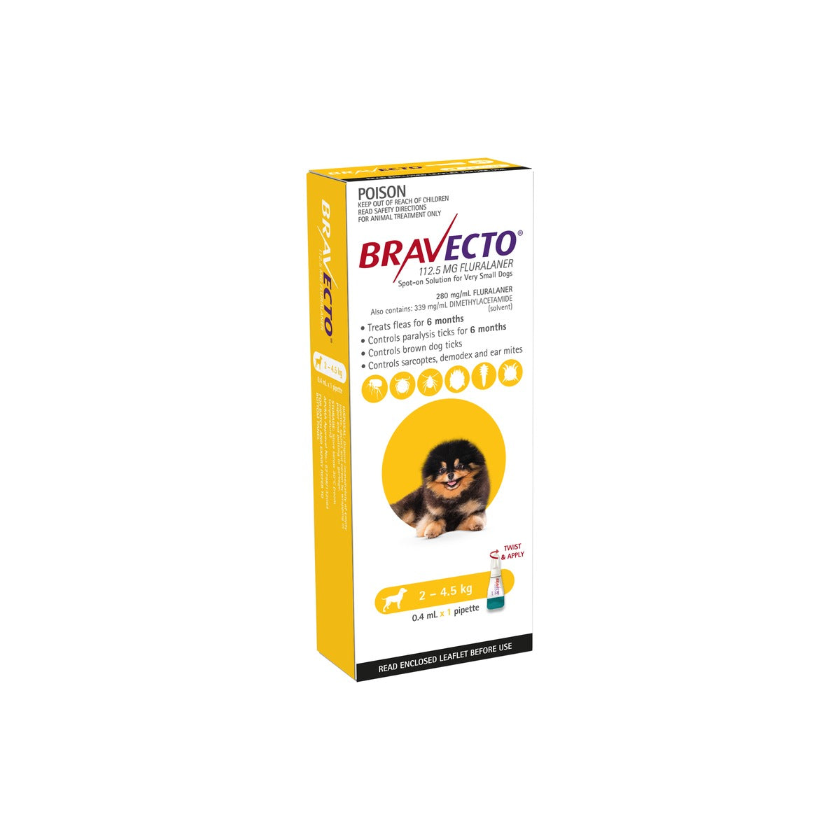 Bravecto Spot On Dog Extra Small 4.4-9.9lbs Yellow – front of pack – front of pack