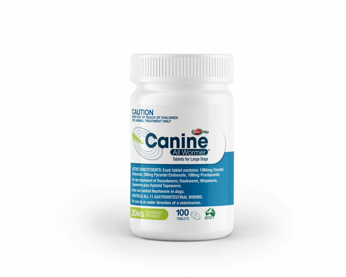 White bottle of Canine All Wormer Tablets for Large Dogs 20kg, 100 tablets, with blue and green label.