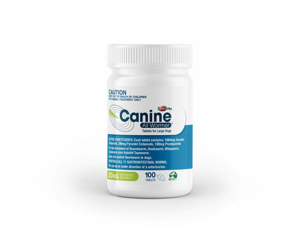 White bottle of Canine All Wormer Tablets for Large Dogs 20kg, 100 tablets, with blue and green label.