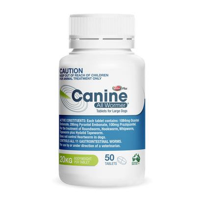White bottle of Canine All Wormer Tablets for Large Dogs 20kg, 50 tablets, with blue and green label.