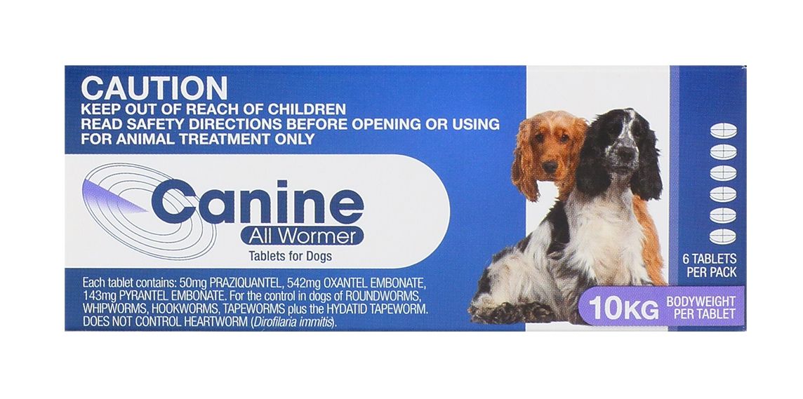 Blue and white box of Canine All Wormer Tablets for Dogs 10kg, featuring two dogs and "6 TABLETS PER PACK".