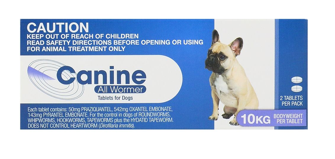 Blue and white box of Canine All Wormer Tablets for Dogs 10kg, featuring a fawn French Bulldog.