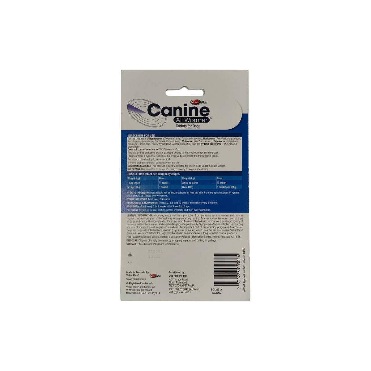 Canine Allwormer 10kg – back of pack
