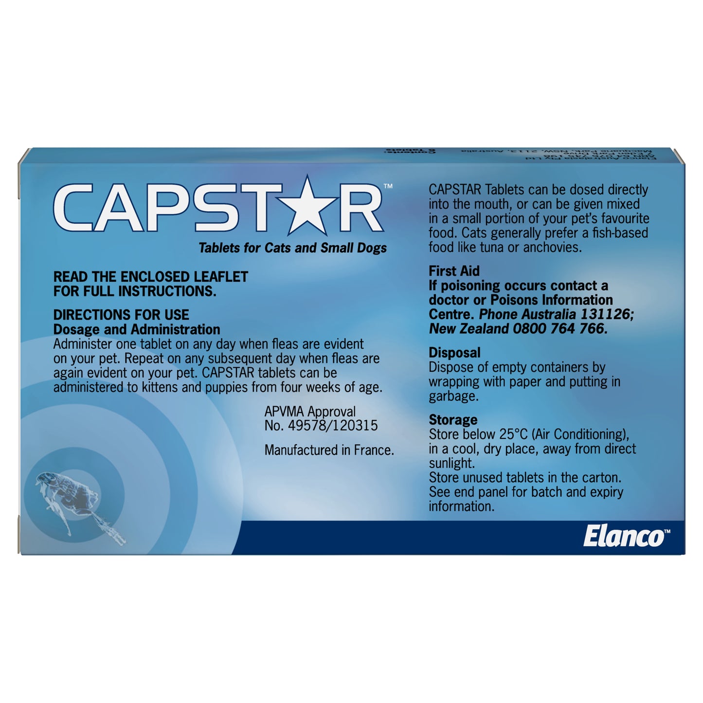 Blue Capstar flea tablets box for small cats & dogs, with usage instructions and Elanco logo.