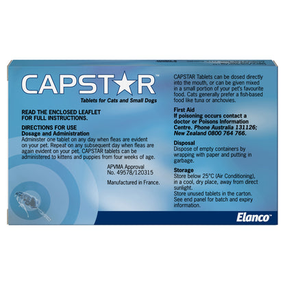 Blue Capstar flea tablets box for small cats & dogs, with usage instructions and Elanco logo.