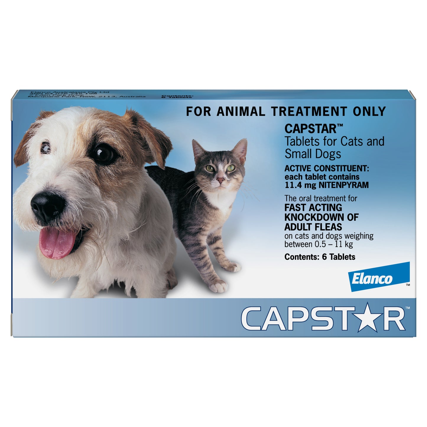 Blue Capstar flea tablets box for small cats and dogs, featuring a terrier and a tabby cat.
