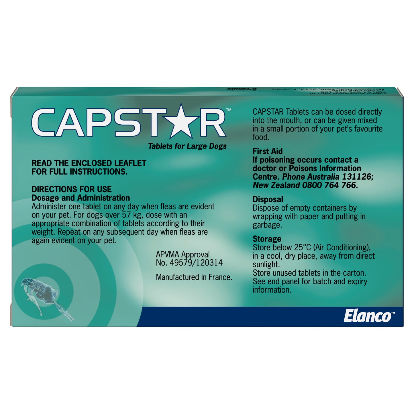Green Capstar Flea Tablets box for large dogs over 24lbs (11kg) with product details.