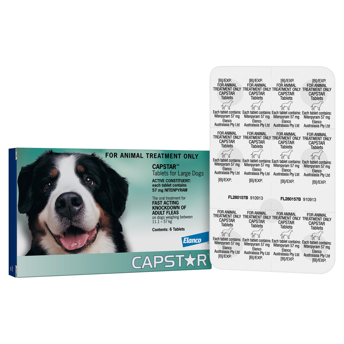 Green Capstar Flea Tablets for large dogs over 24lbs (11kg), featuring a dog on the box.
