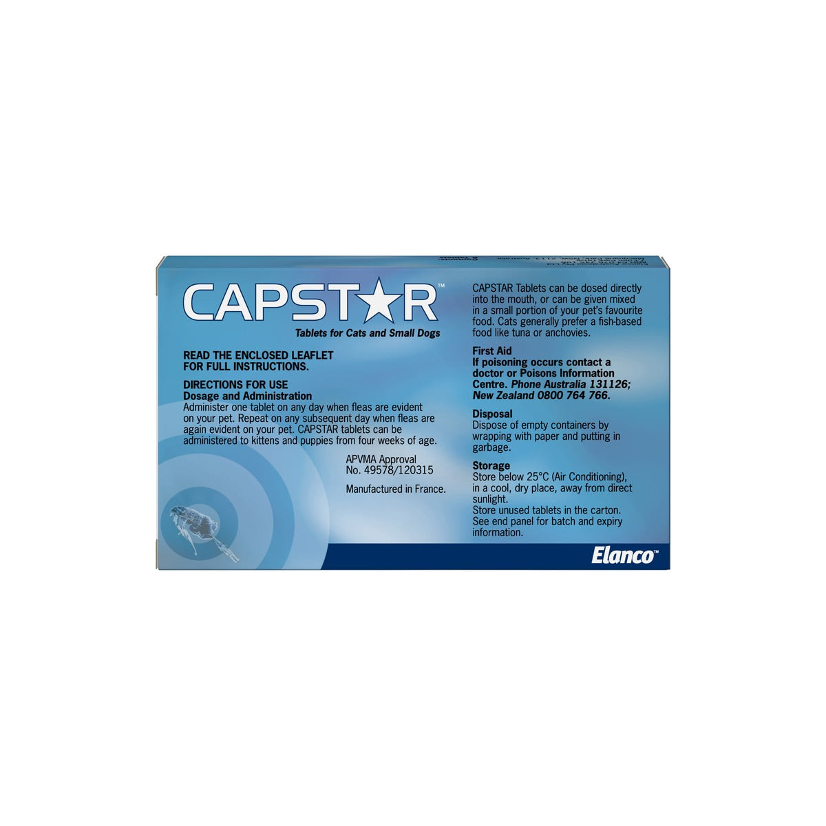 Capstar Flea Tablets for Small Cats and Dogs Up to 24lbs 10kgs Blue – back of pack – back of pack