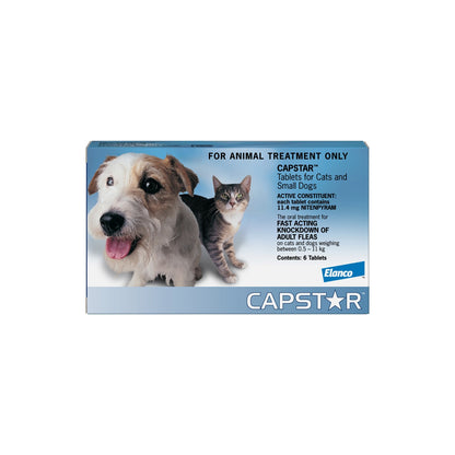 Capstar Flea Tablets for Small Cats and Dogs Up to 24lbs 10kgs Blue – front of pack – front of pack