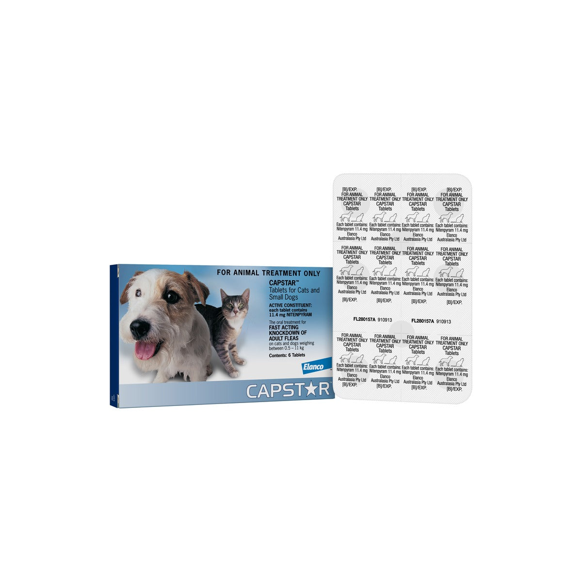 Capstar Flea Tablets for Small Cats and Dogs Up to 24lbs 10kgs Blue – front of pack – front of pack