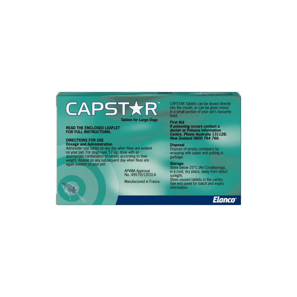 Capstar Flea Tablets for large Dogs Over 24lbs 11kg Green – back of pack – back of pack