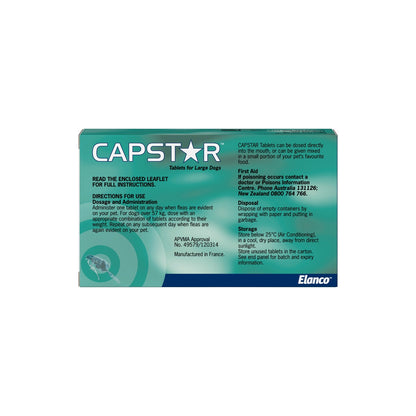 Capstar Flea Tablets for large Dogs Over 24lbs 11kg Green – back of pack – back of pack