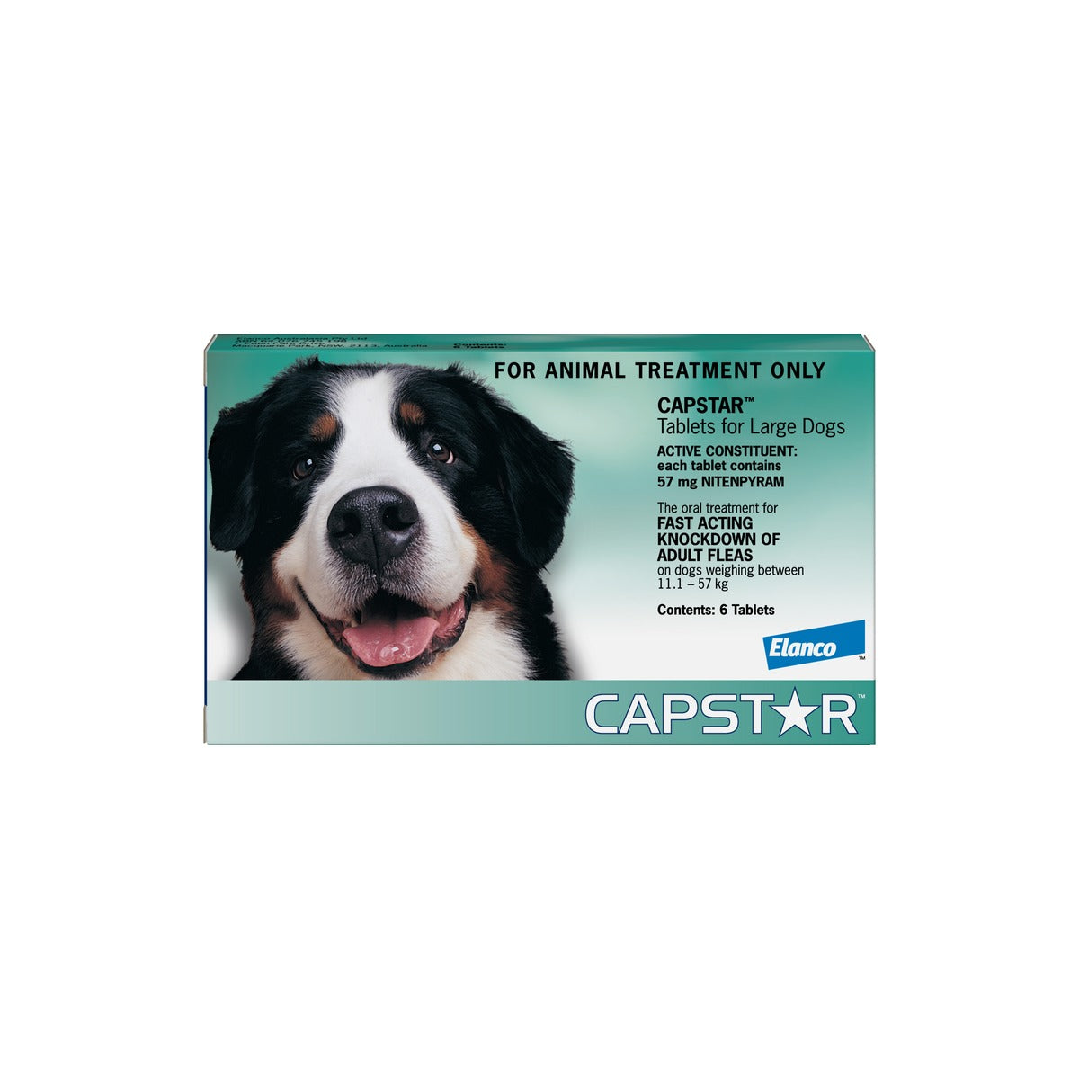 Capstar Flea Tablets for large Dogs Over 24lbs 11kg Green – front of pack – front of pack