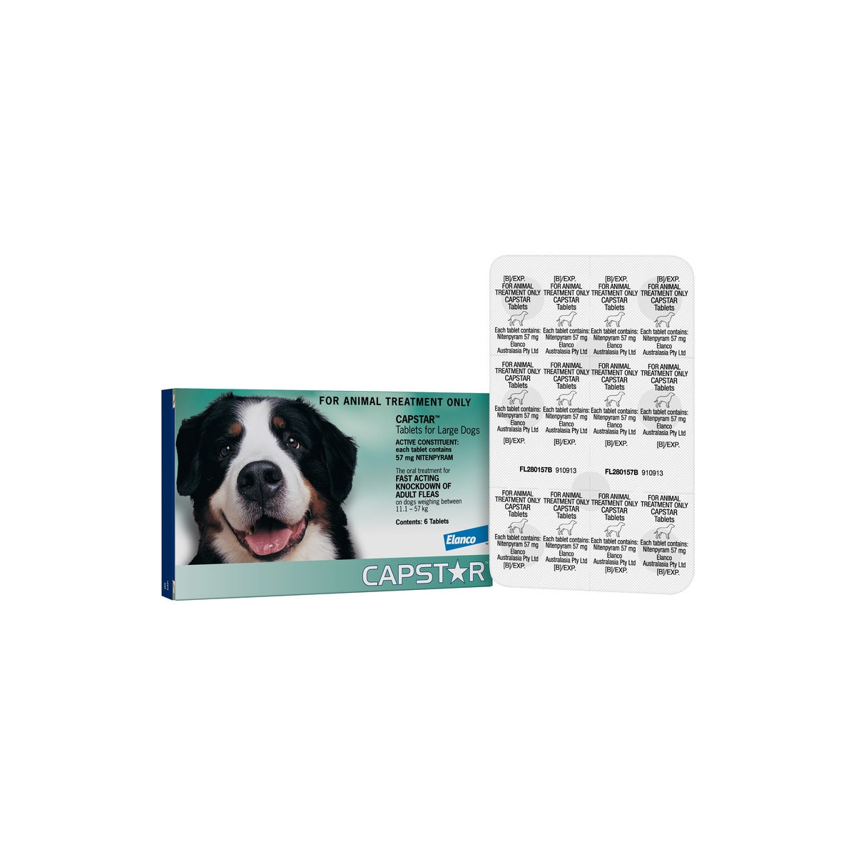 Capstar Flea Tablets for large Dogs Over 24lbs 11kg Green – front of pack – front of pack