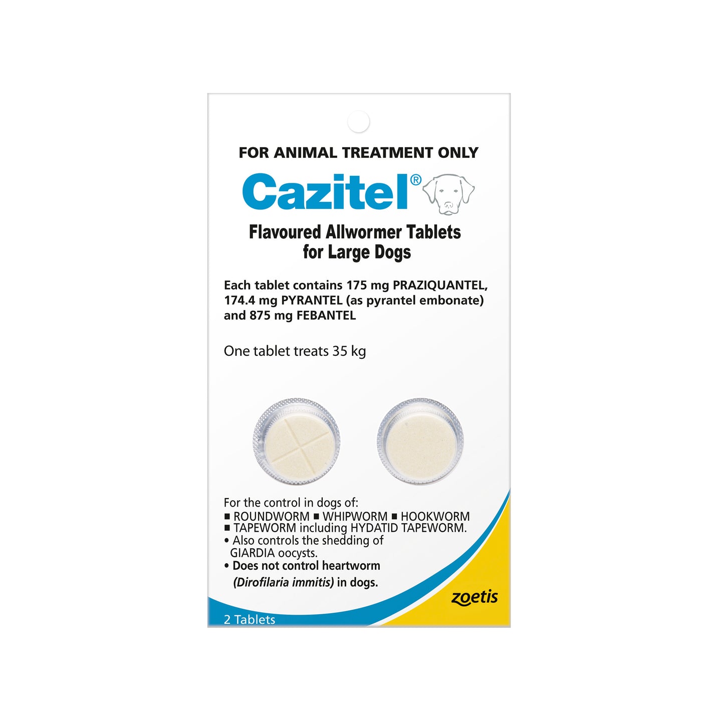 White and blue Cazitel Allwormer for Large Dogs 77lbs (35kg up) packaging showing two tablets.