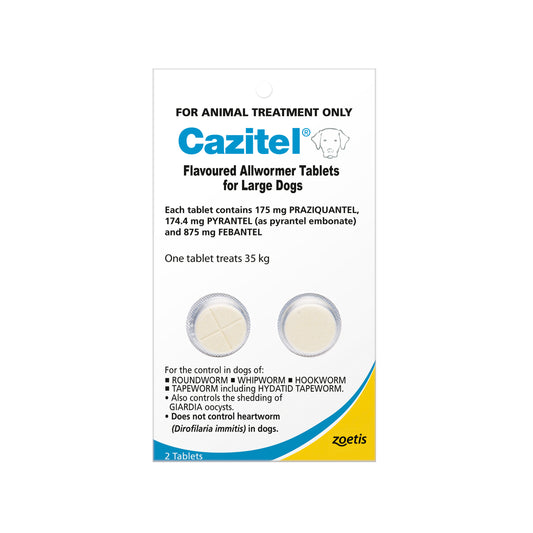 White and blue Cazitel Allwormer for Large Dogs 77lbs (35kg up) packaging showing two tablets.