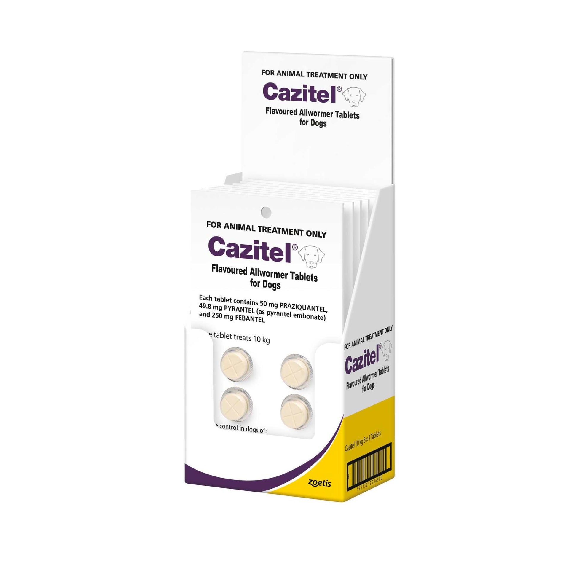 White display box of Cazitel Flavoured Allwormer Tablets for Dogs, showing individual blister packs.