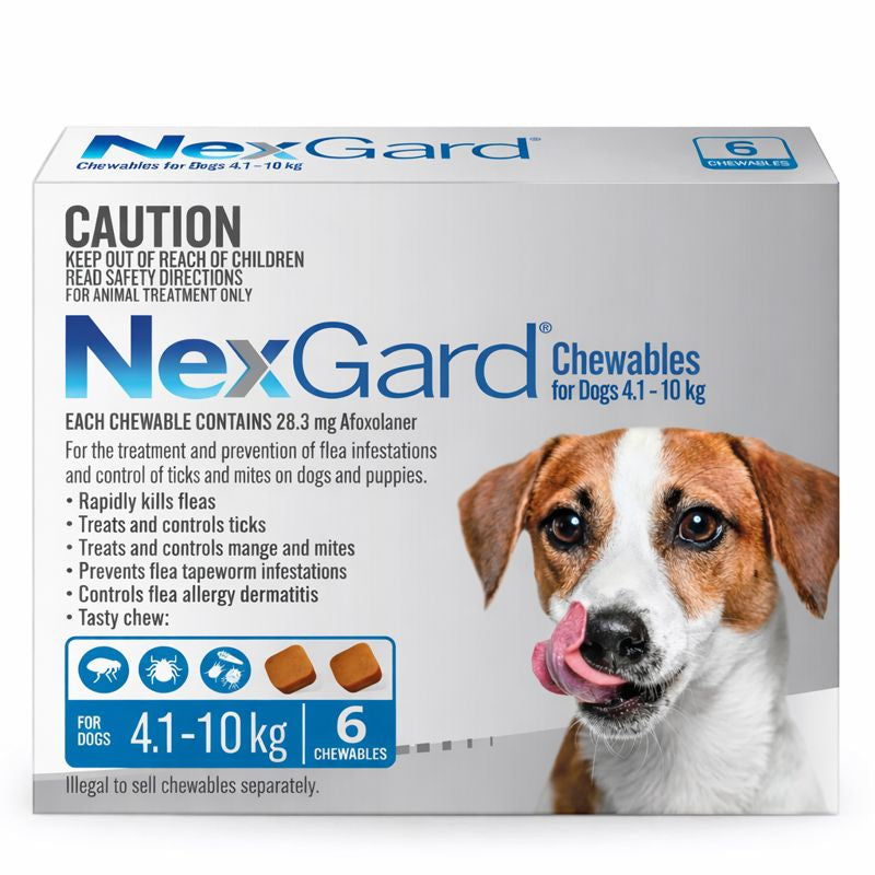 NexGard Chewables for Dogs 4.1-10 kg (Blue box) with 6 beef-flavored chews and a dog licking its lips.