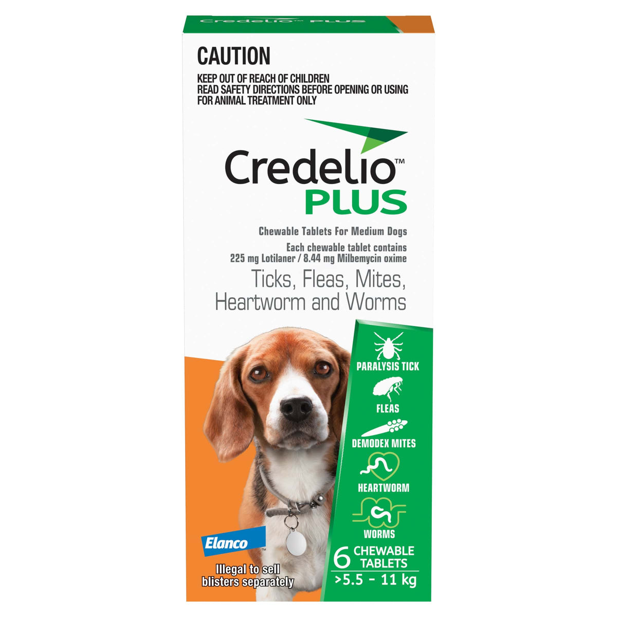 Credelio Plus orange box for medium dogs 12.1-24lbs, 6 chewable tablets, with a beagle.