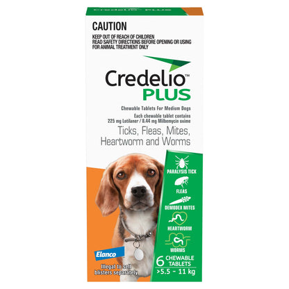 Credelio Plus orange box for medium dogs 12.1-24lbs, 6 chewable tablets, with a beagle.