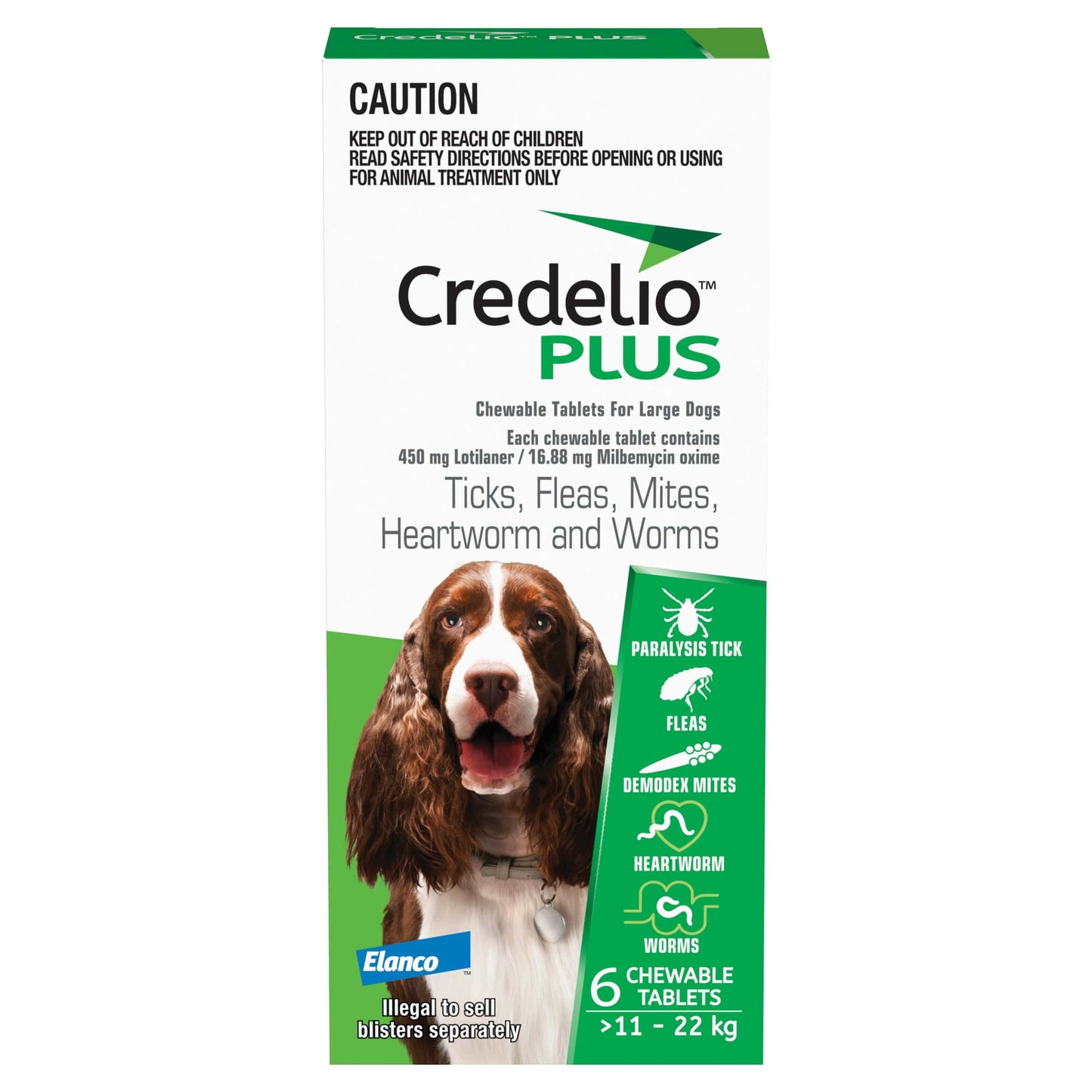 Credelio Plus Chews for Dogs 24.1-48lbs green box with a brown and white dog, showing parasite protection.