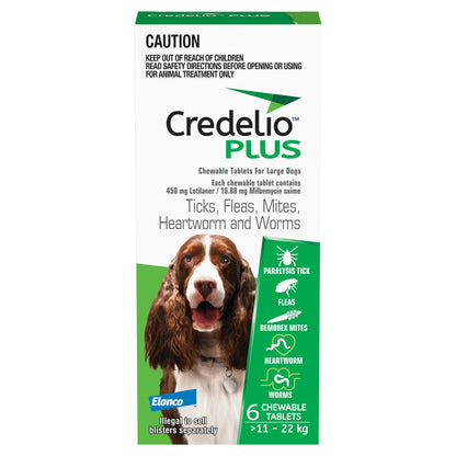 Credelio Plus Chews for Dogs 24.1-48lbs green box with a brown and white dog, showing parasite protection.