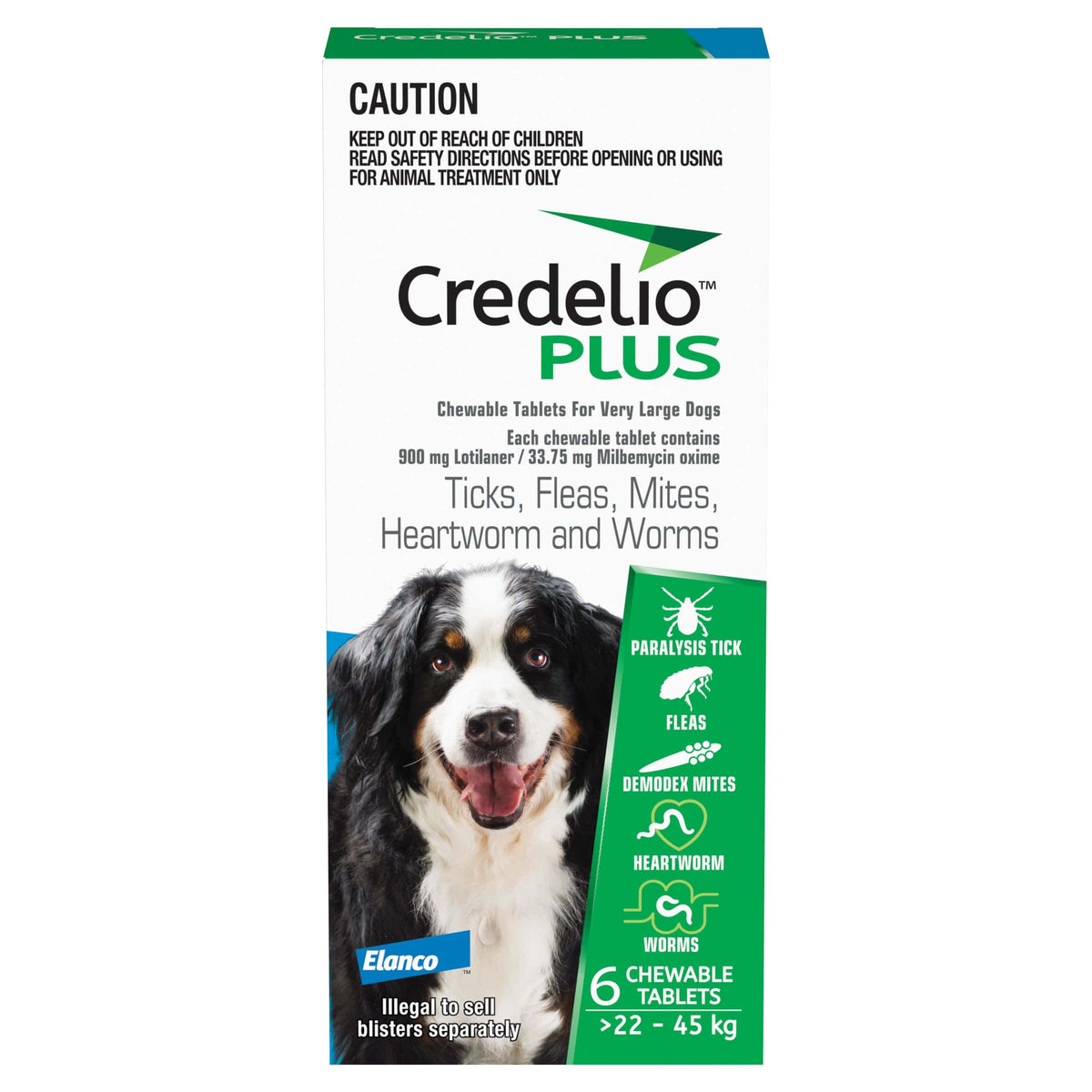 Credelio Plus blue box for very large dogs, featuring a Bernese Mountain Dog and parasite icons.