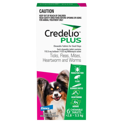 Credelio Plus pink box for small dogs (2.8-5.5 kg) with a happy dog, showing 6 chewable tablets.