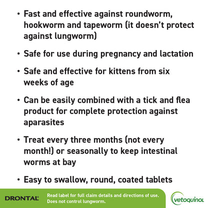 White text on a dark gray background listing benefits of Drontal Allwormer for cats, with green branding at the bottom.