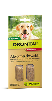 Green and yellow Drontal Allwormer chewable for large dogs, showing two brown tasty chews.