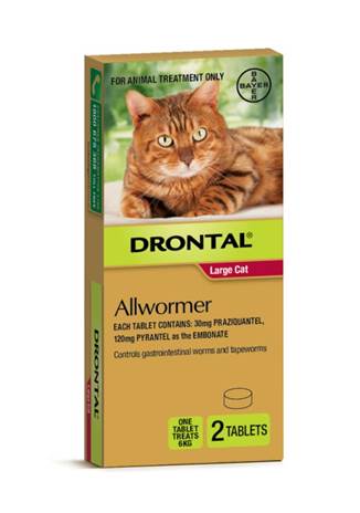 Drontal Allwormer for Large Cats, a brown and green box with a tabby cat and "2 TABLETS" shown.