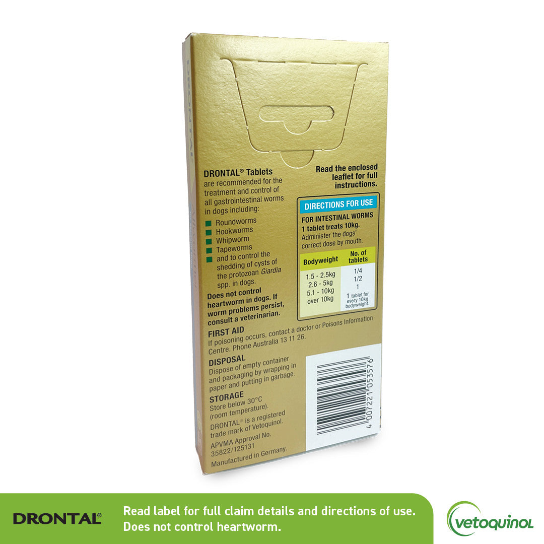Brown Drontal Allwormer box for medium dogs, showing dosage instructions and product details.