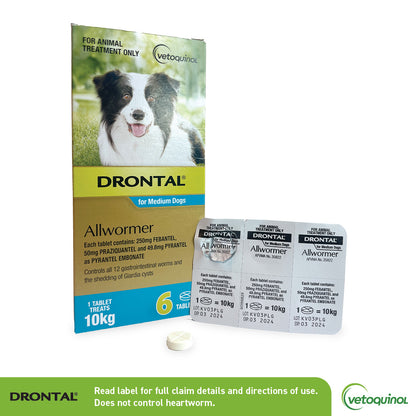 Drontal Allwormer for Medium Dogs packaging with a Border Collie, showing 6 tablets and a single white tablet.