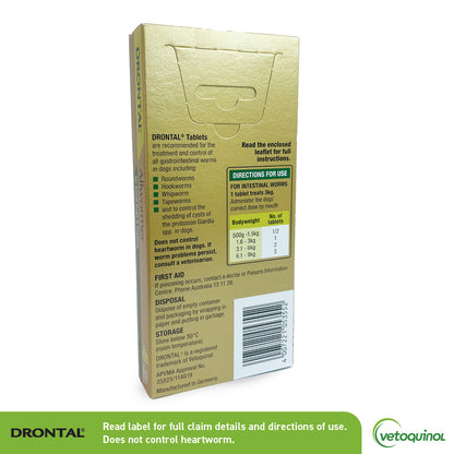 Drontal Allwormer for Small Dogs & Puppies box, gold and green, showing dosage instructions.