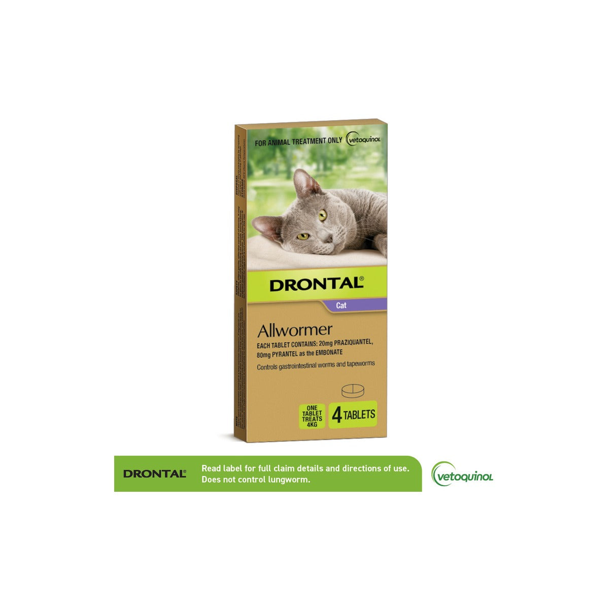 Drontal Allwormer For Cats Up to 8.8lbs 4kg 4 Tablets – front of pack – front of pack