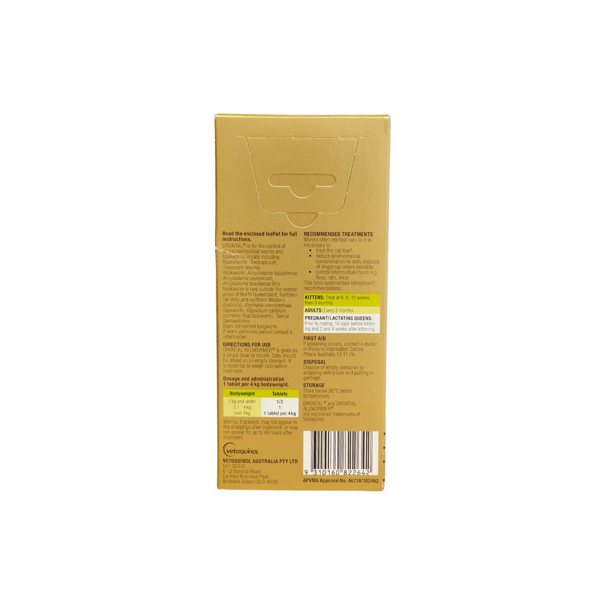 Drontal Allwormer For Cats Up to 8.8lbs 4kg – back of pack