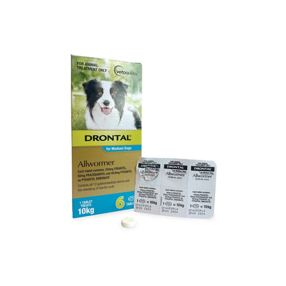 Drontal Allwormer for Medium Dogs Up to 22lbs 10kg – front of pack – front of pack