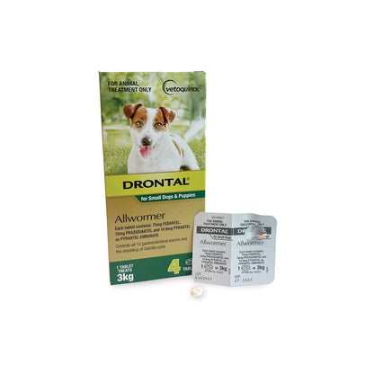 Drontal Allwormer for Small Dogs Puppies Up to 6lbs 3kg – front of pack