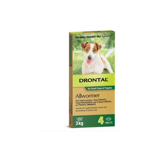 Drontal Small Dogs Puppies 3kg – front of pack – front of pack