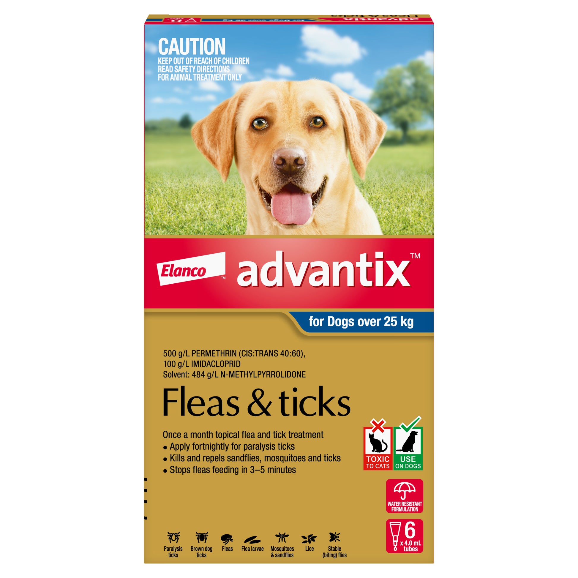 K9 Advantix for Dogs over 25kg, red and blue box with a yellow lab, showing flea and tick protection.