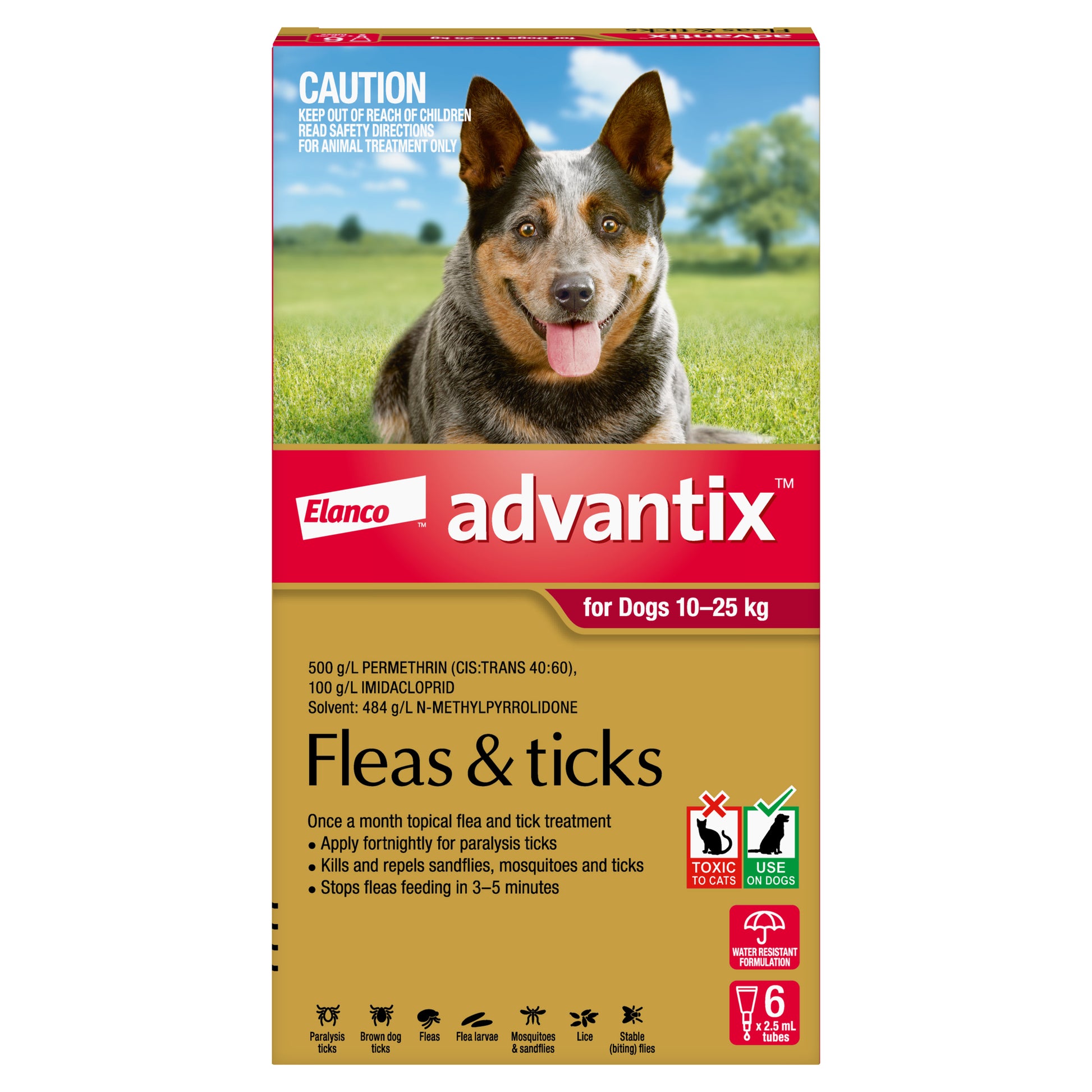 Red and white Advantix box for dogs 10-25kg, featuring a happy blue heeler dog.