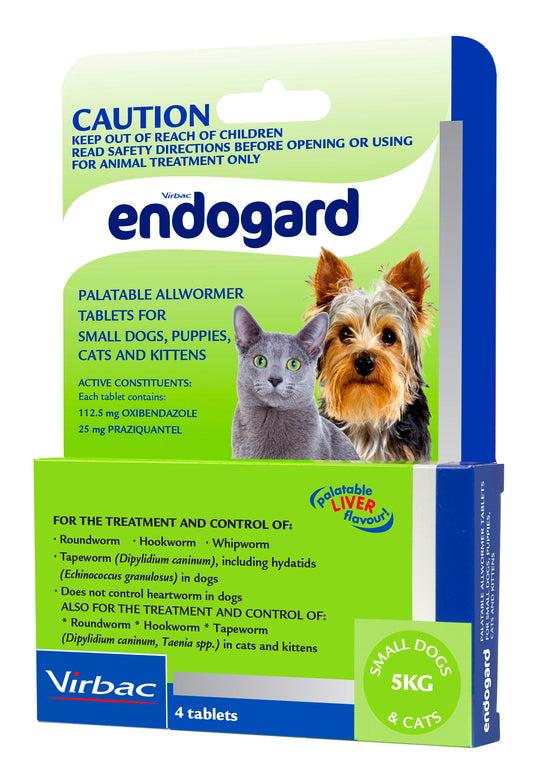 Green and blue Endogard allwormer box for small dogs and cats, featuring a Russian Blue cat and a Yorkshire Terrier.