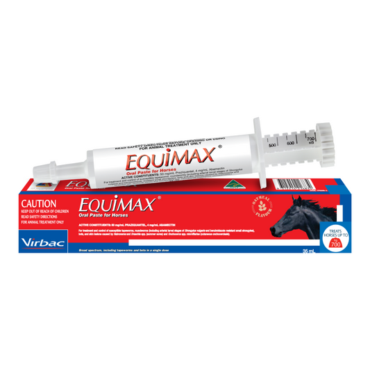 White Equimax oral paste syringe for horses, with red and blue packaging featuring a black horse.