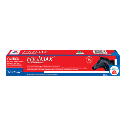 Red and blue Equimax Oral Paste for Horses box with a black horse head and "Oatmeal Flavour.