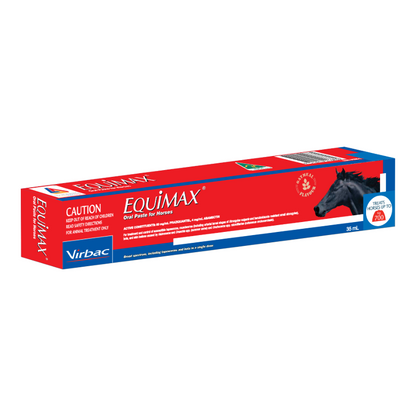 Red and blue Equimax Oral Paste for Horses box, 35mL, with a black horse head graphic.